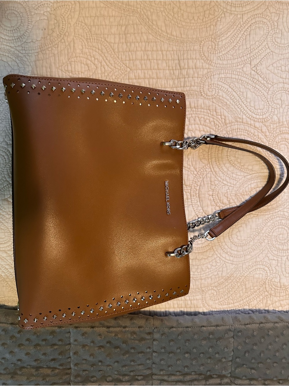 Michael Kors Tan Leather Shoulder Tote with Stud Accents